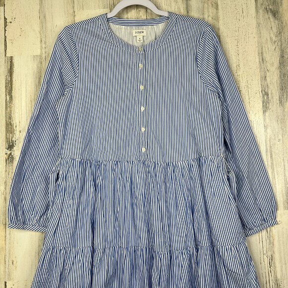 J. Crew Womens Dress S Blue Striped Stretch Cotton Poplin Tiered Button Front - Picture 4 of 13